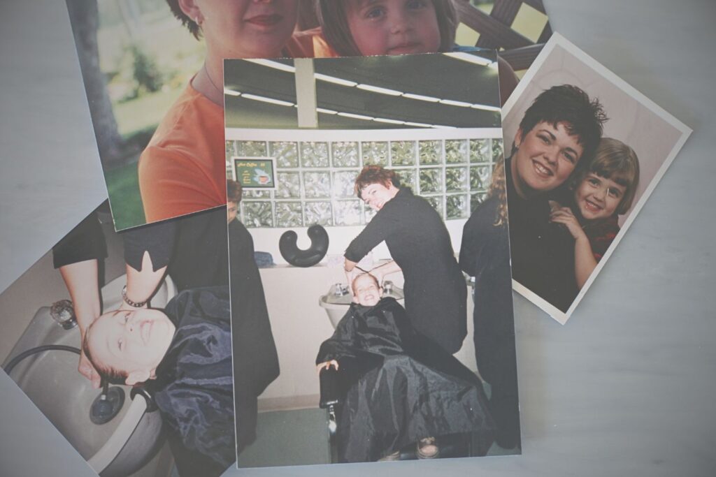 A collage of photographs shows various moments including a child with an adult, another child getting a haircut, and a person at a salon with their hair being washed.
