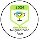 A circular badge with a trophy and heart icon, labeled " nextdoor Neighborhood Fave.